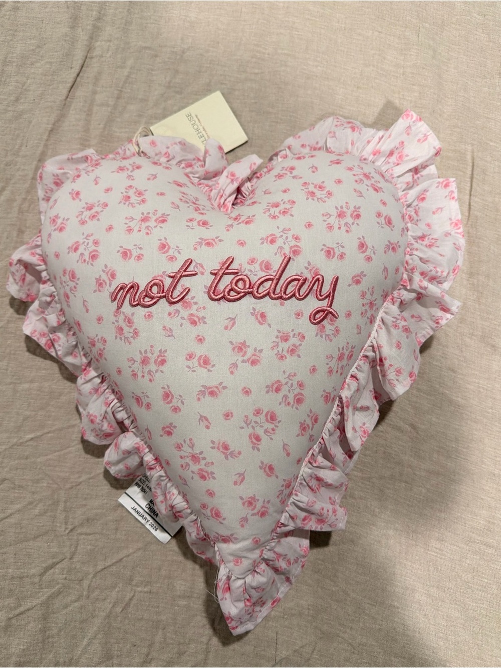 Heart-Shaped Pink Floral Pillow - "Not Today"